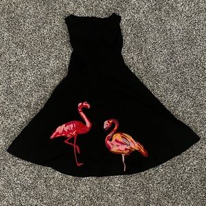 Flamingo embroidered black boat neck swing dress